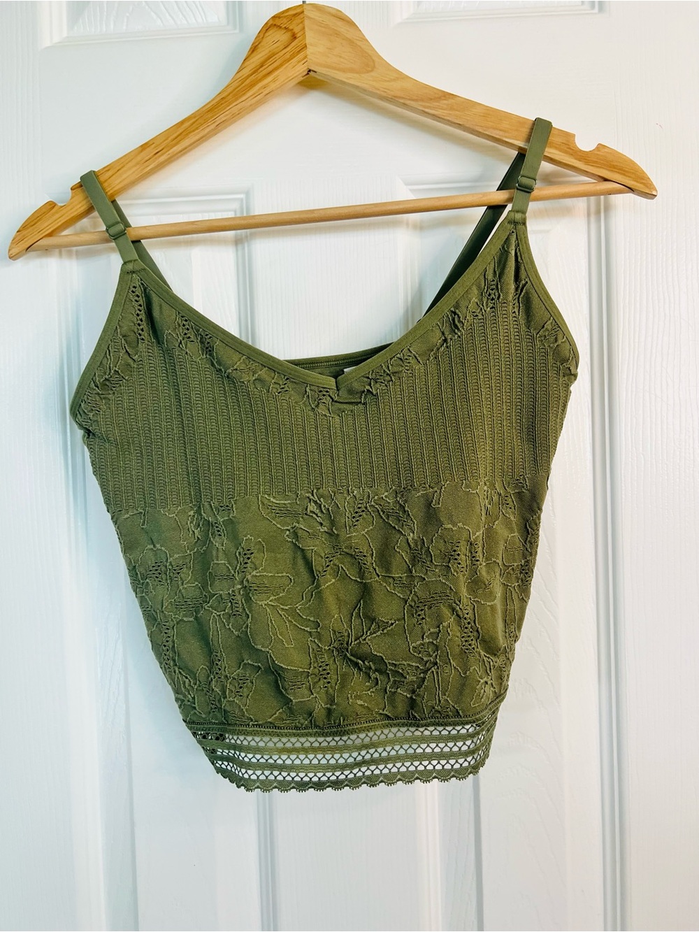 Olive Green Lace Knit Cami with Crochet Hem